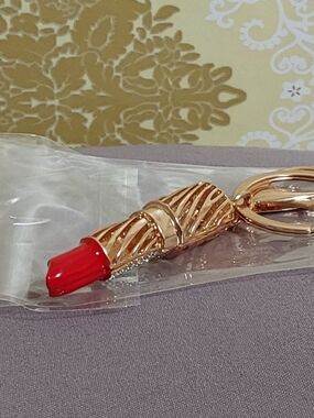 Gold Tone Lipstick Charm Keychain with Red Lip